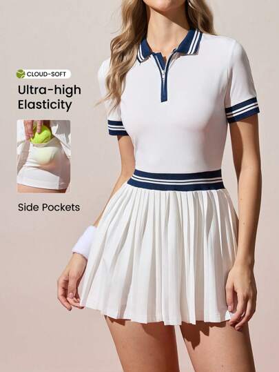 CourtClass Women Short Sleeve Color Block Sports Dress Tennis Dress Sports Dress Women Golf Outfit Women S Tennis Outfits Tennis Dress For Women Tennis Dress With Shorts Tennis Sportswear For Women