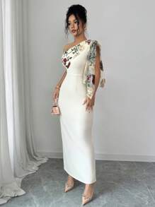 Rafferiza Sexy asymmetrisches Hals Spitze Patchwork Mesh figurbetontes Kleid mit Taillenziehung und Schlitz - Aprikosenfarben - Übersicht 6