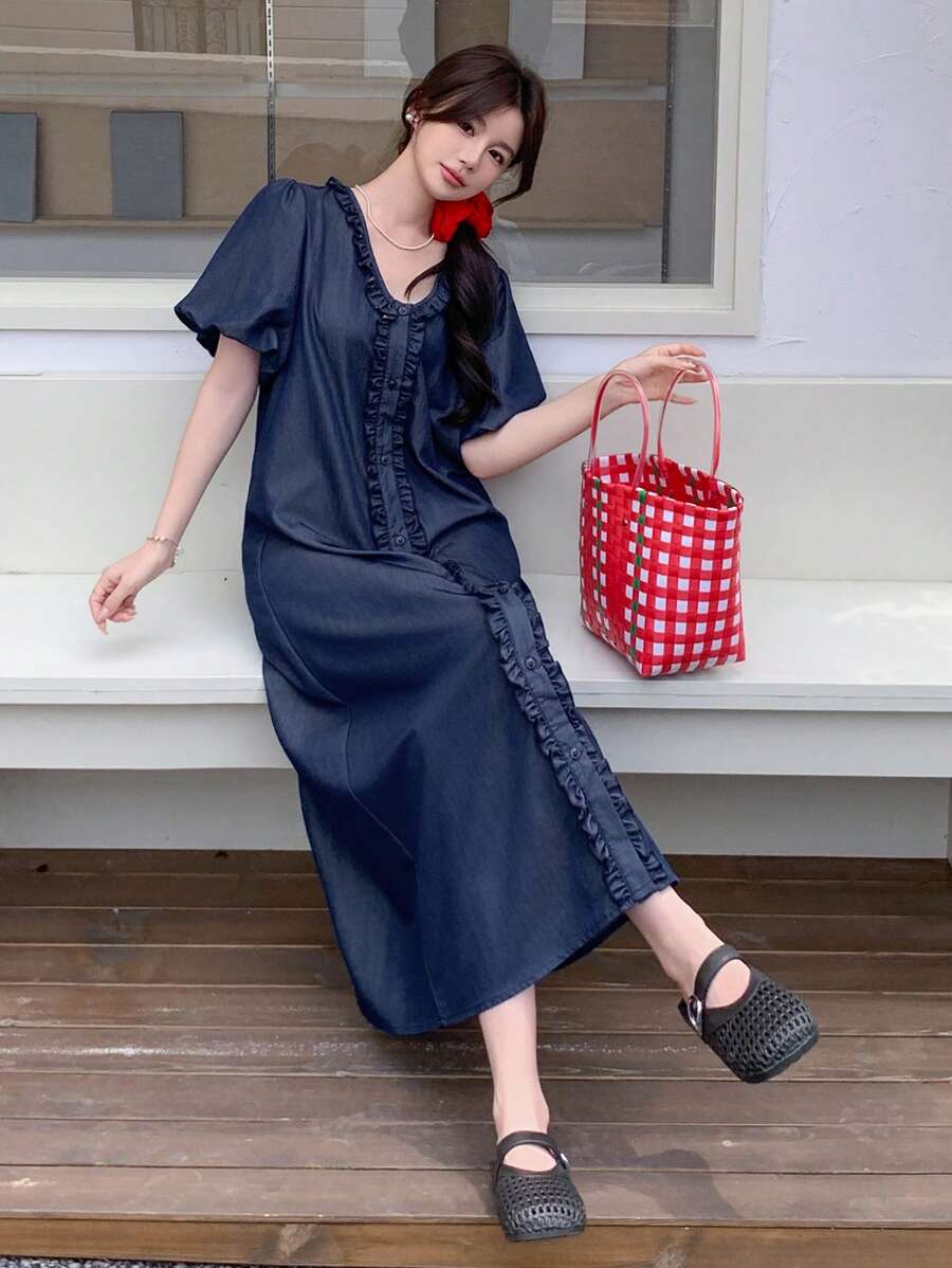 DAZY Damen Sommer Casual Elegant Koreanischer Stil Puffärmel Denim Mini Kleid - Blau - Übersicht 1