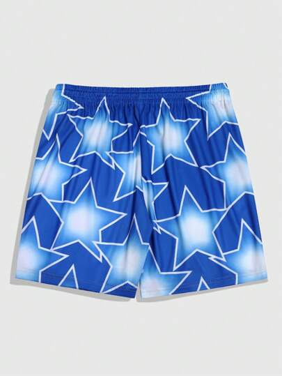 Prep Pantalones cortos con estampado de letras y estrellas, cordón en la cintura y bolsillos para hombre