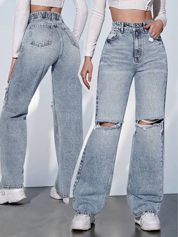 SHEIN ICON Jeans casuales de vacaciones de talla grande para mujer, denim azul desgastado y desteñido, de corte holgado