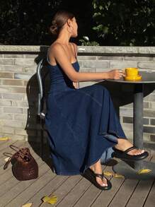 Livesso 女式夏季休闲宽松牛仔吊带连衣裙