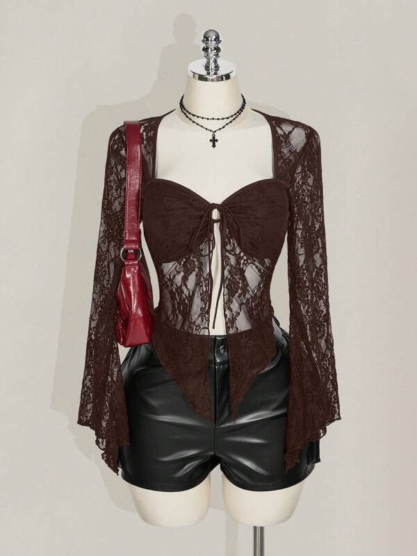 SHEIN ICON Blusa de talla grande con mangas de campana, cuello cuadrado y nudo delantero de encaje