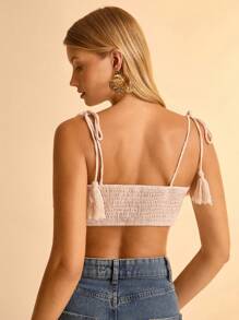 CAJUNI Bohemian Holiday Leisure Floral Print Lace Trim Tassel Tie-Up Cropped Camisole For Women - Apricot - View 2