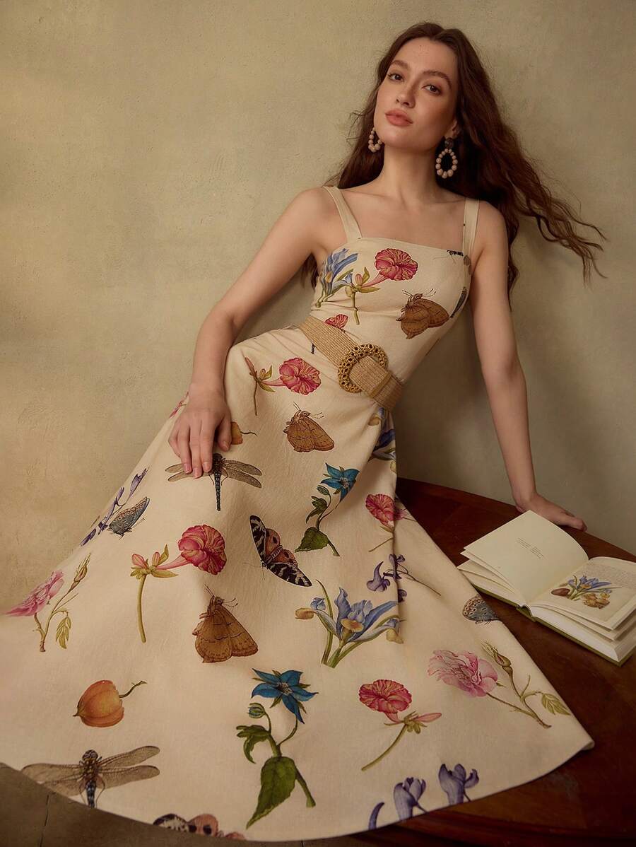 MOTF PREMIUM INSECT AND FLORAL PRINT FLARE HEM SLIP DRESS WITHOUT BELT