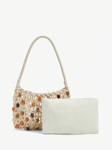 SHEIN SXY 女士、女式单肩包、流浪包、钩针包、亚克力彩色石珠、时尚、优雅、简约、个性化、多功能、适合海滩、度假、节日、夏季、海边、日常、下午茶、海滩派对 - 米色 - 查看 5