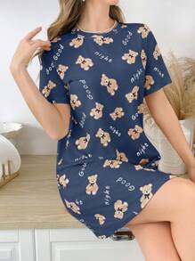 女士小熊字母印花圆领短袖睡裙，哞哞睡衣 - 彩色 - 查看 4