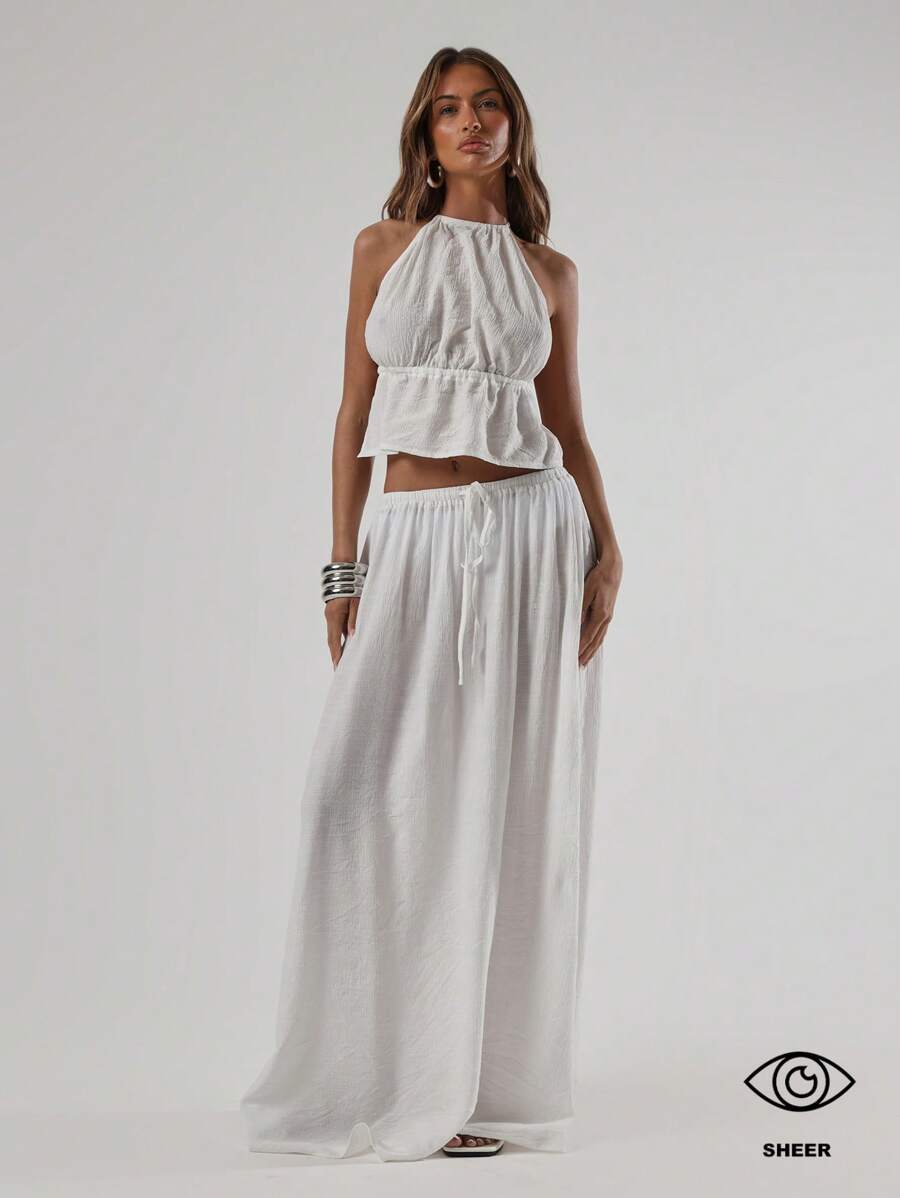 Musera Resort Low Rise Drawstring Waist Floaty Maxi Skirt Beach Cover Up For Vacation Spring Summer Elegant Sexy Bridal - White - View 1