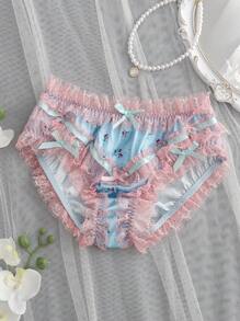 Romantic Countryside Style Satin Lace Ditsy Floral Bow Ruffle Trim Bloomer Briefs, Light Blue, For Teenage Girls Girl Panties For Kids Little Girls Underwear Silk Lace Bra - Baby Blue - View 1