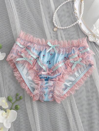 Romantic Countryside Style Satin Lace Ditsy Floral Bow Ruffle Trim Bloomer Briefs, Light Blue, For Teenage Girls Girl Panties For Kids Little Girls Underwear Silk Lace Bra