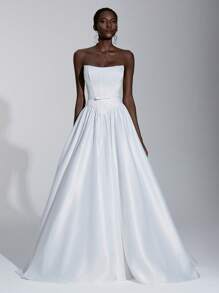 Elitara 优雅奢华的白色露肩连衣裙，配有蝴蝶结腰带和超大喇叭裙摆，带拖尾，适合婚礼、派对、蜜月 - 米色 - 查看 7