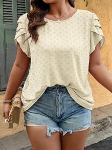 Calvaya Plus Size Women's Casual Solid Color Ruffle Sleeve Round Neck Blouse, Summer - Beige - View 1