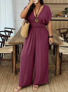 SHEIN Clasi Bộ đồ liền thân tay ngắn cánh dơi cổ chữ V sâu dành cho nữ cỡ lớn đi nghỉ mát gợi cảm - Màu đỏ tím - Xem 3