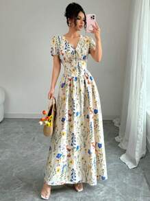 Elenzga Elegant Women's Summer Elegant Elastic Waist Puffed Sleeve Women's Long Dress,Maxi Dress. For Spring/Summer,Concert Women's Clothing,Elegant Suitable For Daily Commute, Music Festival, Holiday Wear