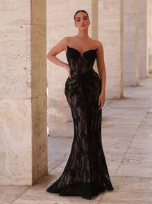 Glamrae Đầm maxi đuôi cá xếp ly, sang trọng, co giãn, chất liệu ren, xuyên thấu, hở lưng, phù hợp cho đám cưới, tiệc độc thân, kỳ nghỉ, dạ hội, sự kiện trang trọng (được trang trí cầu kỳ), lễ tốt nghiệp, trang phục cho phụ nữ, ngày Valentine. - màu đen - Xem 1
