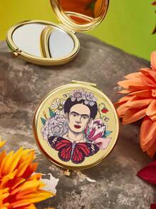 Frida Kahlo X SHEIN Runder goldener tragbarer Klappspiegel mit Frida Blumen- und Figurmotiv, regulärer Spiegel und 2-fach Vergrößerungsspiegel, hochauflösender Spiegel zum einfachen Schminken, geeignet für Studenten, Büroarbeiter, Frauen und Männer