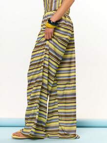 MUSERA Mid Rise Tie Front Striped Wide Leg Trousers Cover Up Beach Swim Summer Vacation Holiday Festival Cute Casual Elegant Tuscan Sun Bathing Suit - Yellow - View 3