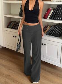 SHEIN EZwear 女士休闲通勤深灰色低腰阔腿裤