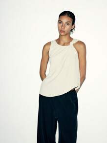 Lumivelle 1 chiếc áo cánh không tay thắt nút bất đối xứng hiện đại thanh lịch dành cho nữ - Màu be - Xem 4