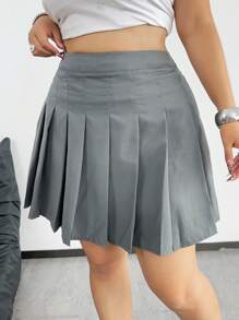 Vibekara Plus Size Women's Solid Color Simple Everyday Pleated Skirt - Dark Grey - View 3