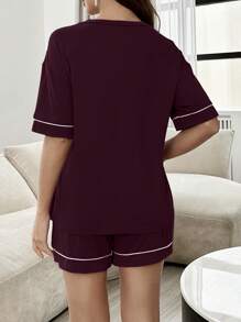 孕妇撞色装饰口袋字母印花短袖短裤睡衣套装 - 酒紅色 - 查看 2