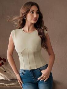 SHEIN Unity Crop Top With High Neck And Fishbone Design, Figure Flattering - Coffee Brown - View 3