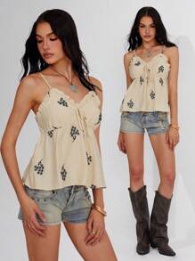 Roylia Women Linen Embroidered Frill Trim Camisole Top - Apricot - View 1
