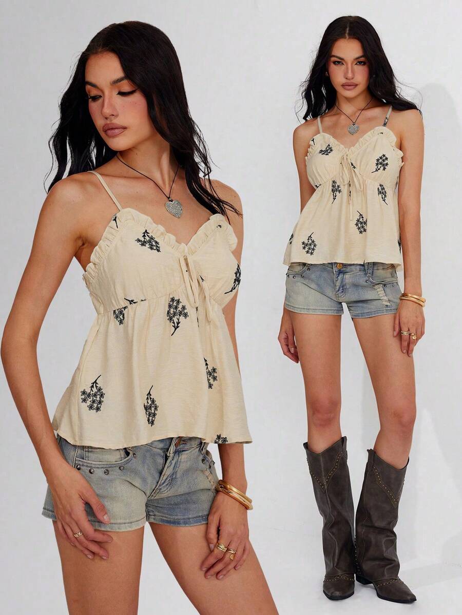Roylia Women Linen Embroidered Frill Trim Camisole Top - Apricot - View 1