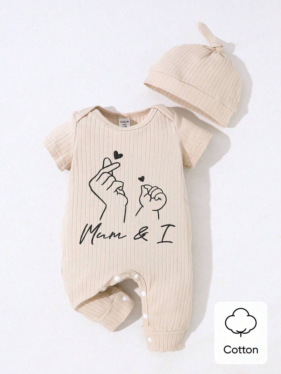 SHEIN 2pcs Newborn Infant Baby Boys Girls Casual Knitted Comfortable Letter Printed Solid Color Envelope Collar Short Sleeve Jumpsuit & Hat Set, Spring/Summer, Mother's Day, Mother & Me Unisex Baby Clothes Neutral New Born Unisex Clothes Newborn Baby Clothing Unisex Newborn Clothing Baby Unisex Clothes - Apricot - View 1