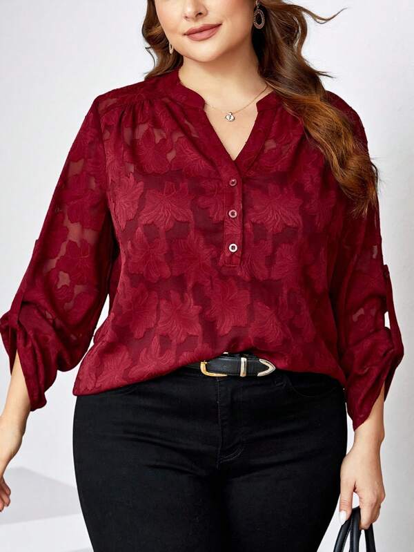Chikora Plus Size Elegant Lace Cutout Special Texture Fabric Shirt For Teacher Outfit,Valentine Day
