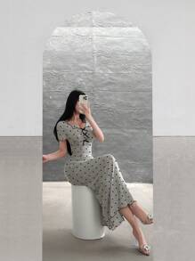 Feyla 女士优雅心形印花蝴蝶结装饰长裙，夏季 - 灰色 - 查看 9