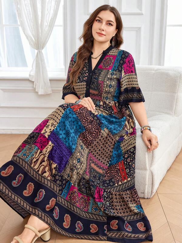 SHEIN Lacomfia فستان كاجوال طويل مقاسات كبيرة للنساء ذو رقبة على شكل حرف V وأكمام قصيرة متعدد الطباعات