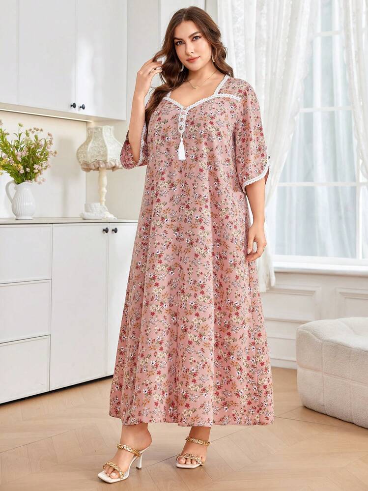 SHEIN Najma 大码女式复古方领不对称中袖碎花流苏宽松舒适连衣裙，休闲/度假风格 - 彩色 - 查看 3