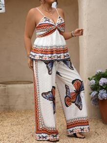 Breezaya Set de 2 piezas para mujer talla grande, mono de tirantes con estampado de mariposas tejido, ajuste regular, para primavera/verano