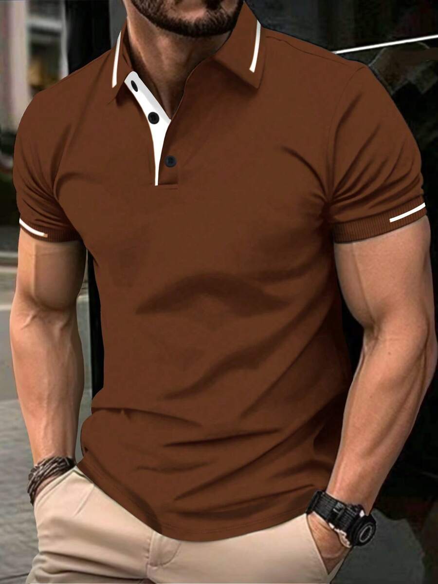 Manfinity Homme Camisa polo de manga corta casual y para ir a trabajar con bloques de color para hombre - Marrón - Ver 1