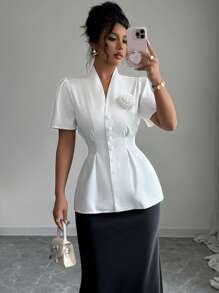 SHEIN Clasi معطف نسائي أنيق، بأكمام منتفخة، خصر مطوي، للصيف - أبيض - مشاهدة 4