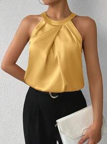 SHEIN Privé 女士优雅香槟色纯色无袖黄色百褶领衬衫，适合办公室、通勤、日常穿着 - 黃色 - 查看 5