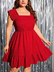 SHEIN Clasi Vestido de cuello cuadrado bajo con fruncido - Rojo - Ver 1