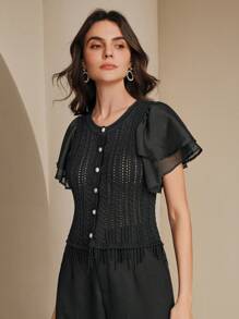 Anewsta Damen Rundhals Flügelärmel Rüschen Saum Lässig Strick Top, Sommer - Schwarz - Übersicht 4