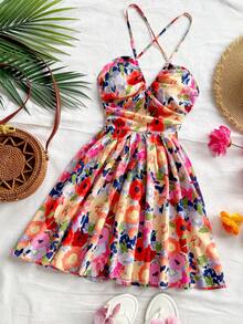 Soleia Váy dài hở lưng chữ V in hoa màu cam đỏ cho kỳ nghỉ của phụ nữ, thích hợp cho bãi biển, đám cưới, lễ hội âm nhạc, mùa hè - Nhiều màu - Xem 7