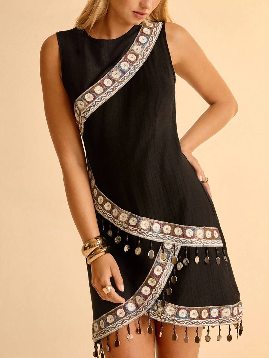 CAJUNI 女式度假休闲刺绣流苏边迷你连衣裙 - 黑色 - 查看 1