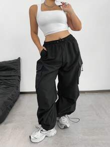 Flirla Plus Size Drawstring Pocket Loose Fit Daily Casual Black Cargo Pants Fall Cloth For Women
