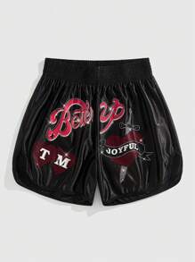 ROMWE MEN Prep Men's Elastic Waist Fashion Casual Slogan & Rhinestone Decor Boxing Shorts, Summer - Black - View 5