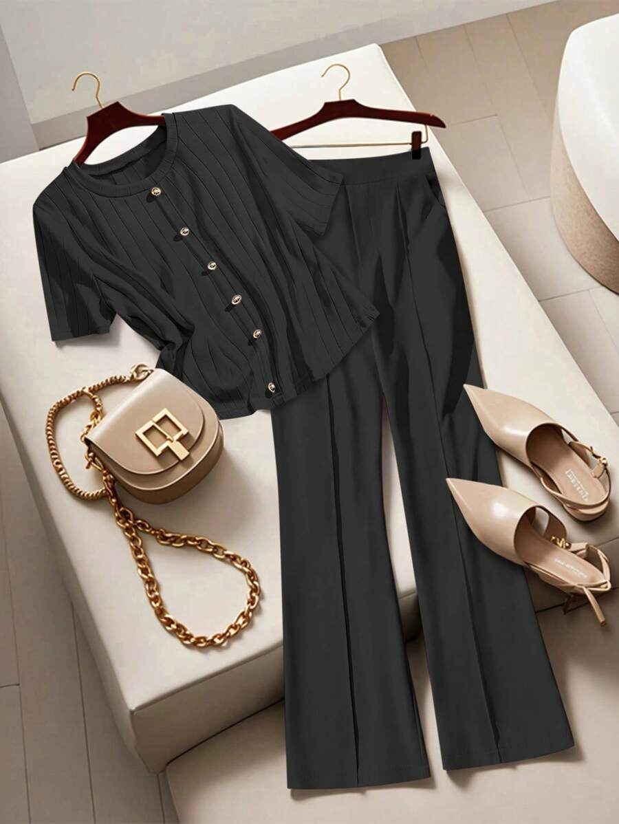 GlowEve Women's Solid Color Round Neck Short Sleeve T-Shirt And Full Length Pants 2 Pieces Set - Black - View 1