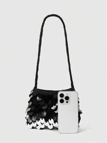 ROMWE Grunge Punk Bolso de hombro elegante de moda con decoración de lentejuelas para mujeres - Negro - Ver 4
