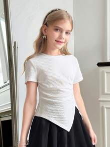 SHEIN Tween 女童休闲时尚法式优雅圆领不对称褶皱开衩白色短袖 T 恤，春夏 - 白色 - 查看 6