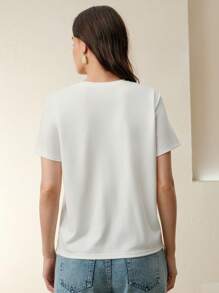 Anewsta Heavy Print Handmade Beaded Round Neck Versatile Regular Shoulder Short Sleeve T-Shirt - White - View 8