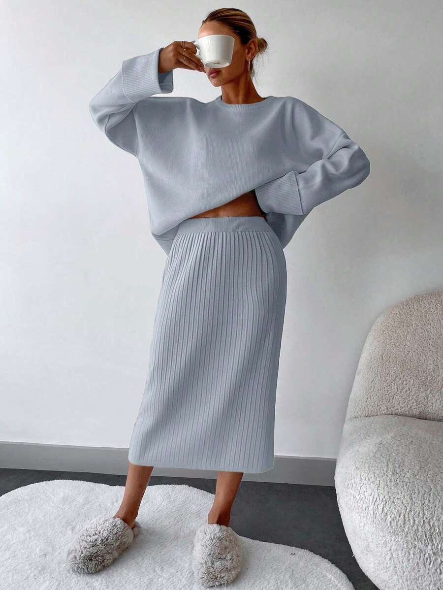 EURMUSE Solid Drop Shoulder Tee & Ribbed Knit Skirt - Baby Blue - View 1