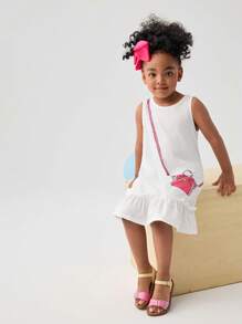 SHEIN Leap Crew 小女童包圖案荷葉邊下擺連衣裙 - 白色 - 查看 3