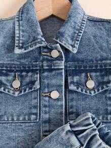Conjunto de ropa informal para niñas jóvenes compuesto por un chaleco vaquero sin mangas con dobladillo deshilachado y lavado vintage, cómodo y versátil, con cintura elástica, y una falda plisada casual de mezclilla - Azul lavado medio - Ver 8